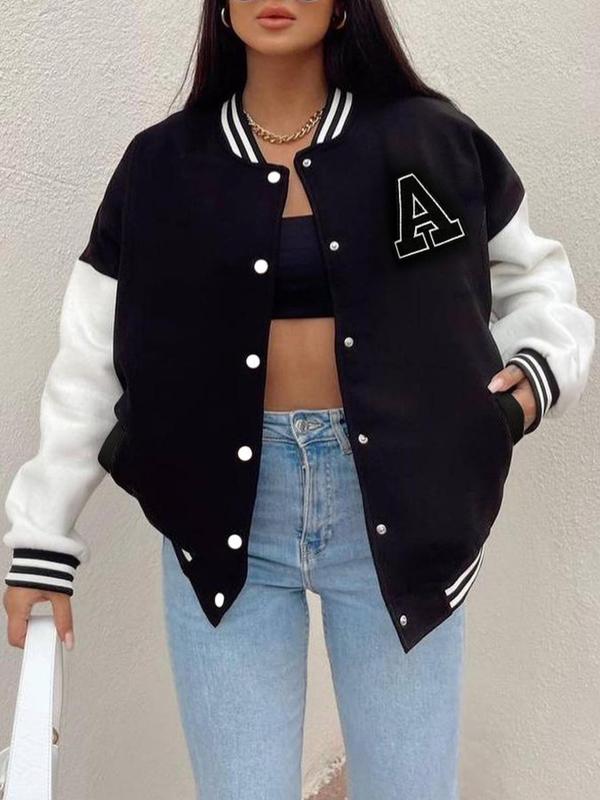 Women's Letter Patched Long Sleeve Collared Jacket, Jackets for Women, Sports Jacket, Lady Button Front Varsity Jacket, Preppy Casual Mock Neck Outerwear, Cozy Fall Outfits, Womenswear Downtown Girl Clothes