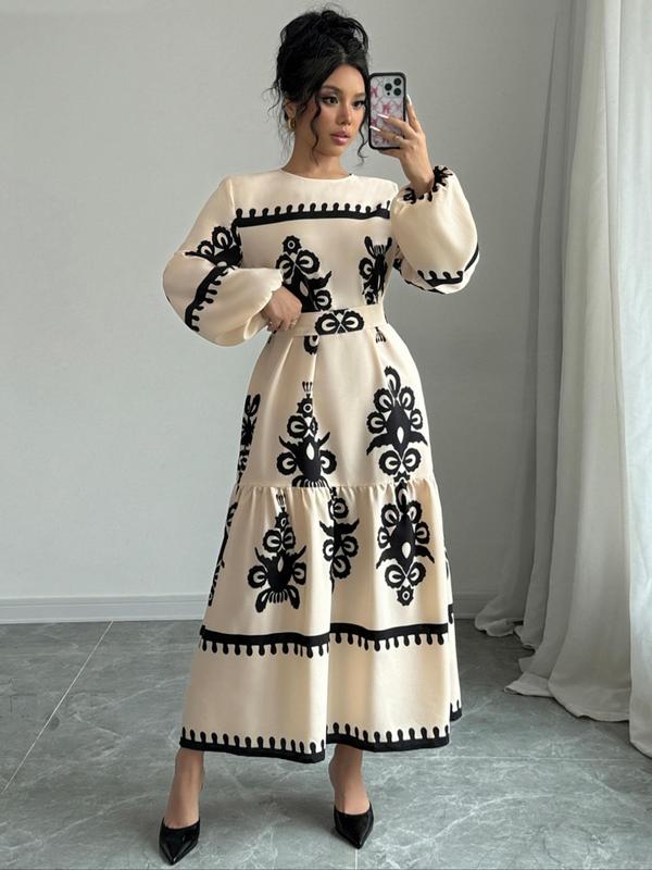 Women's Random Floral Print Long Sleeve Dress, Boho Fashion Casual Long Dress for Daily Holiday Vacation Wear, Women Dress for Fall & Winter