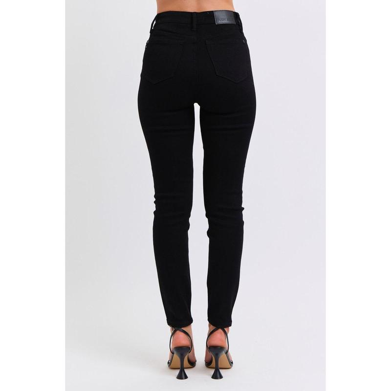 JUDY BLUE HI WAIST BLACK FAUX LEATHER & DENIM SKINNY JEANS