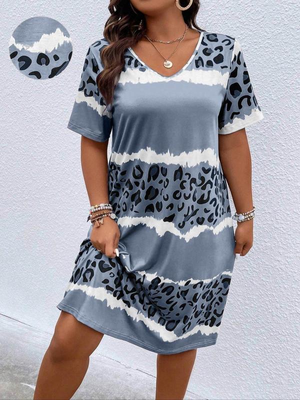  Leopard Patchwork Print V Neck Short Sleeve T-shirt Dress, Lady Muumuu Dress, Dresses for Women, Summer Dresses 2024, Fashion Comfort Knee Length Tee Dress for Summer Daily Holiday, Back-to-school Clothing, Plus Size Women's Clothing