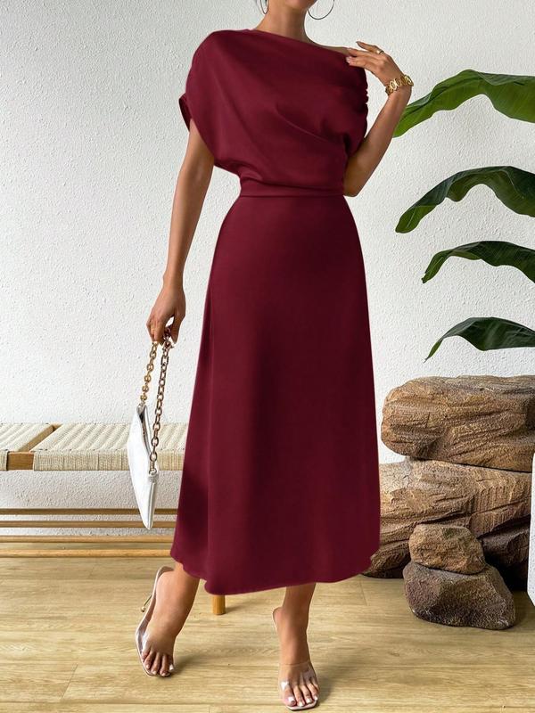 Women's Plain Ruched Asymmetrical Neck Batwing Sleeve Dress, Elegant Short Sleeve A Line Dress for Party Holiday Wedding Guest, Ladies Summer Clothes