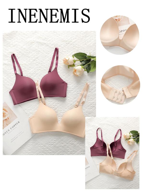 Women's 2pcs Solid Wireless Push Up Bra, Casual Adjustable Strap Bralette for Daily Wear, Women's Lingerie for All Seasons