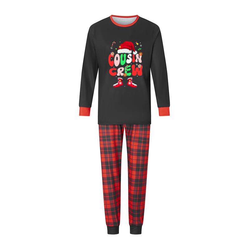 Black Red Matching Christmas Pajamas For Family Letter Santa Hat Print Long Sleeve Tops and Black Red Plaid Pants Sleepwear