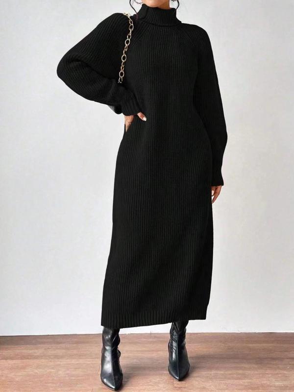 Women's Solid Raglan Sleeve High Neck Dress, Elegant Long Sleeve Knit Dress for Fall & Winter, Women's Clothing for Daily Wear Longsleeves