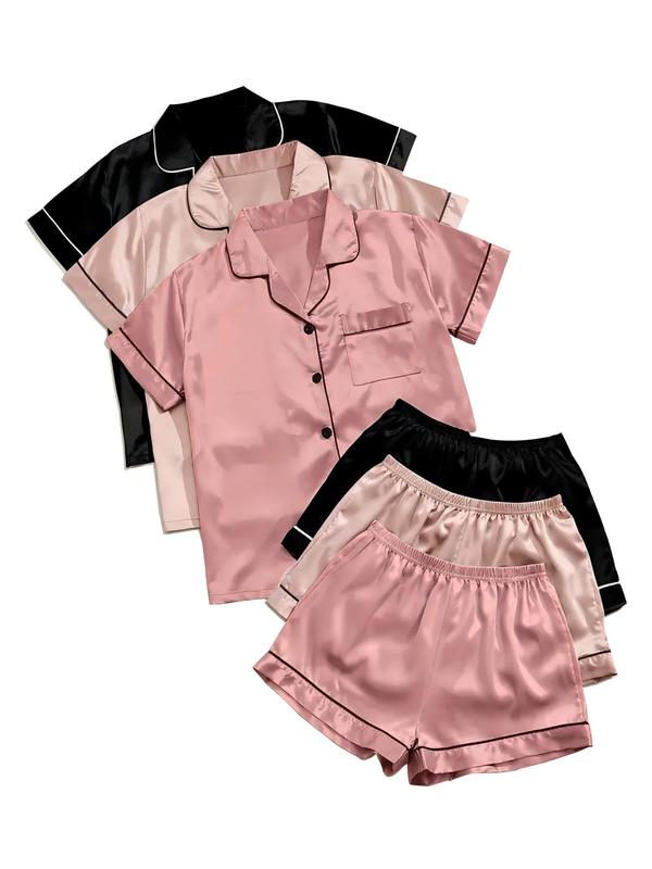 6 Pieces Women's Solid Satin Pyjama Set, Short Sleeve Button Front Lapel Shirt & Contrast Binding Shorts Pj Set, Summer Sleepwear Set, Back To School Pajama Sets Women