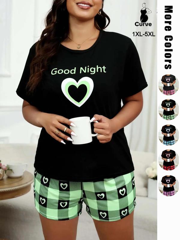 Two Six Pieces Plus Size Heart & Plaid Print Pajama Set, Casual Round Neck Short Sleeve T-shirt & Shorts Pj Set, Summer Sleepwear & Loungewear, Plus Size Women's Clothing, Women's Nightwear, Summer Wear 2024