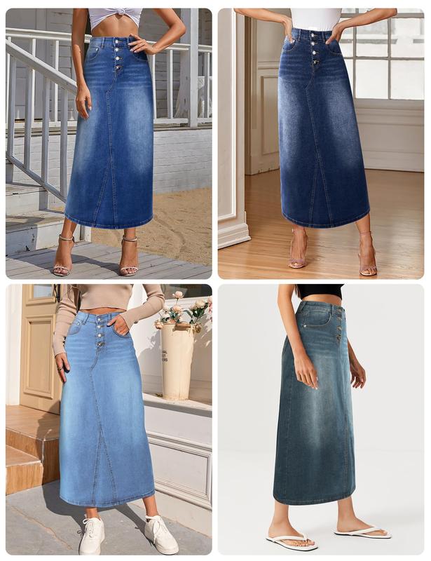 Women's High-Waisted Vintage Denim Maxi Skirt | A-Line Stretch Jean Skirt with Pockets | Casual & Chic Long Skirt for Everyday Wear Womenswear Bottom