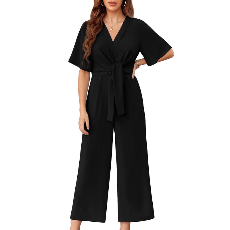 Tankaneo Womens Wide Leg Jumpsuits Short Sleeve Tie Knot Front Summer Long Romper