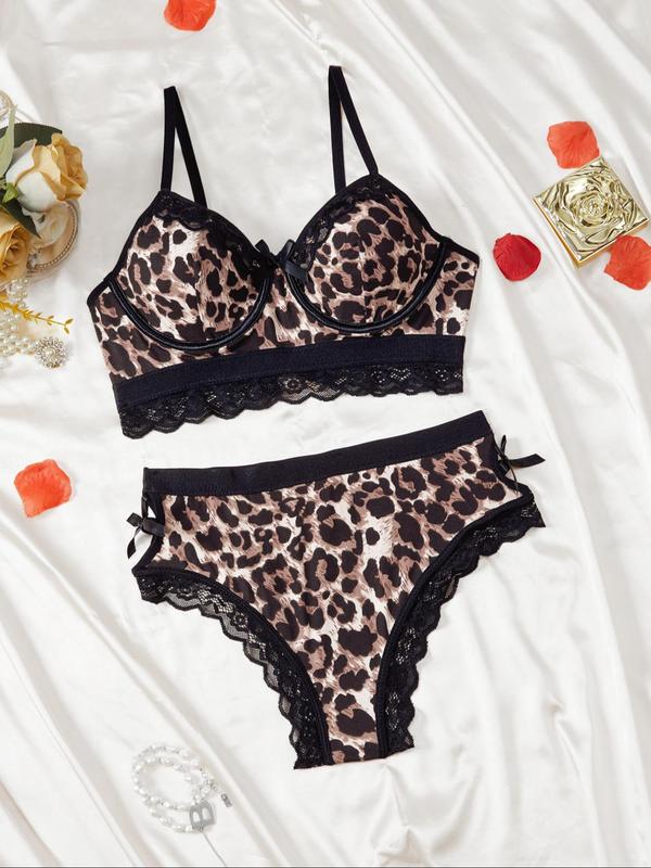 Women's Leopard Print Contrast Lace Bra & Panty Two-piece Set, Sexy Scallop Trim Bow Decor Lingerie Set, Soft Comfy Breathable Underwear Set for Women