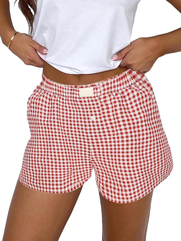 Women's Plaid Print Button High Waist Shorts, Casual Comfy Elastic Waist Wide Leg Shorts for Summer, Fashion Women's Bottoms for Daily Wear