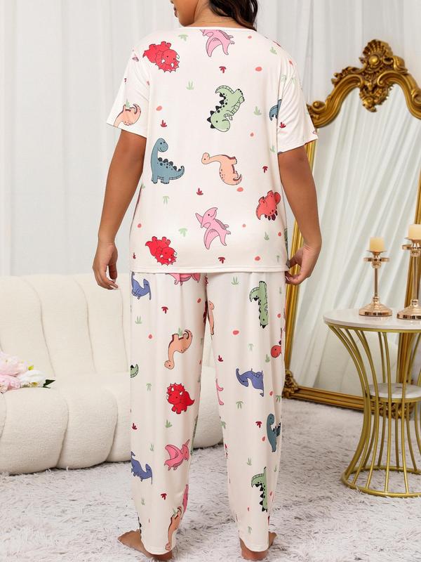 Plus Size Two-Piece Set Cartoon Dinosaur Print Tee & Pants & Eye Mask Pyjama Set, Casual Short Sleeve T-shirt & Trousers & Eye Cover, Women's Summer Sleepwear