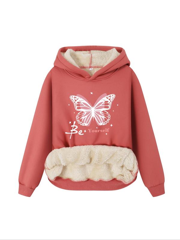 Women's Butterfly & Letter Print Thermal Lined Plush Hoodie, Casual Long Sleeve Hooded Sweatshirt for Fall & Winter, Women Clothes for Daily Wear Downtown Girl Clothes