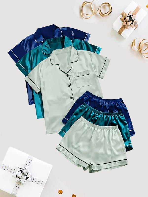 6 Pieces Women's Solid Satin Pyjama Set, Short Sleeve Button Front Lapel Shirt & Contrast Binding Shorts Pj Set, Summer Sleepwear Set, Back To School Pajama Sets Women