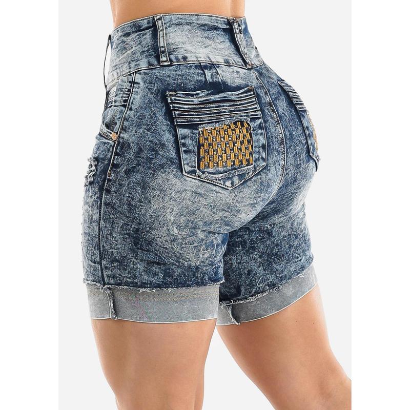 Butt Lift Mid Thigh Ripped Denim Shorts Acid Wash