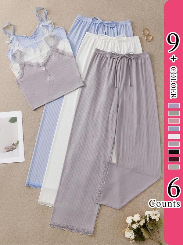 Women's Plain Contrast Lace Summer Pyjama Set, Casual Buttons Cami Top & Drawstring Waist Pants, Lady Pajamas, Womenswear Homewear, Summer Outfits 2024