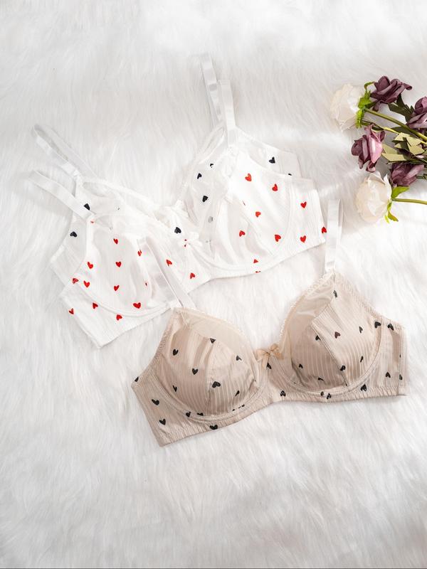 Plus Size Heart Print Contrast Mesh Spaghetti Strap Bra, Lady Cute Comfort Bow Decor Sheer Lingerie Top, Soft Comfy Breathable Underwire Bra for Daily Wear, Womenswear Underwear