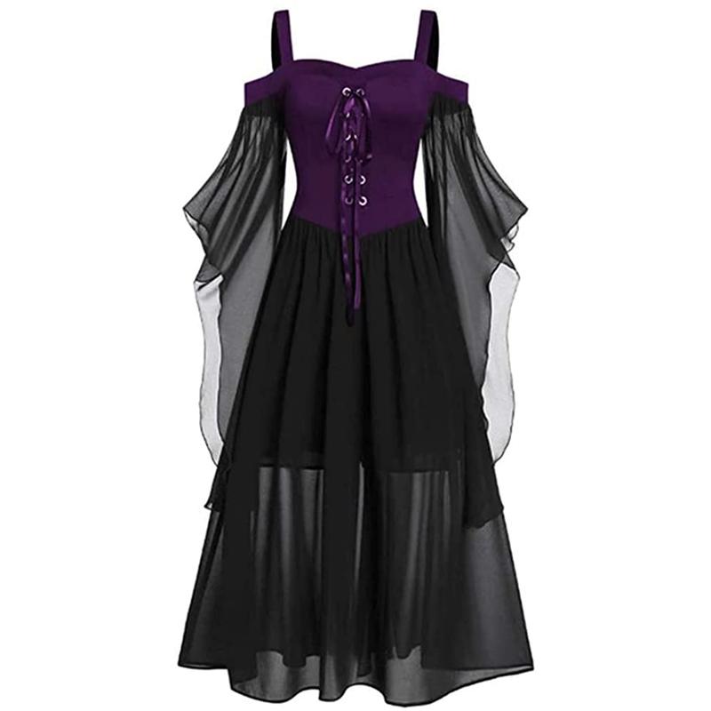 New Medieval Witch Dress For Women Halloween Carnival Women Plus Size Cold Shoulder Butterfly Sleeve Halloween Gothic Dress