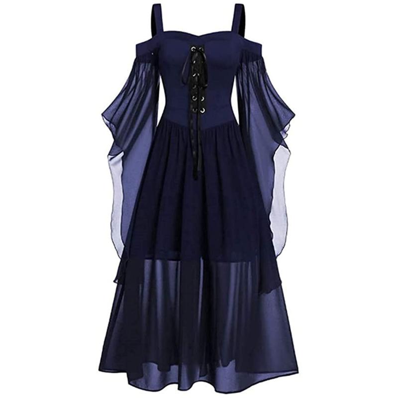 New Medieval Witch Dress For Women Halloween Carnival Women Plus Size Cold Shoulder Butterfly Sleeve Halloween Gothic Dress