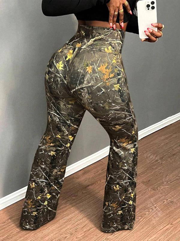 Women's Camo Print Flare Leg Sweatpants, Casual Comfy Bell Bottom Trousers for Daily Wear, Ladies Bottoms for All Seasons