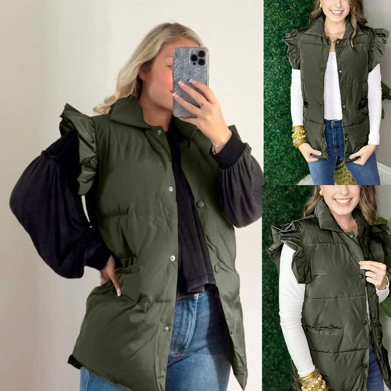 Ommig Puffer Vest Women Ruffle Sleeve Button Down Padded Quilted Puffy Jacket Coat Outwear