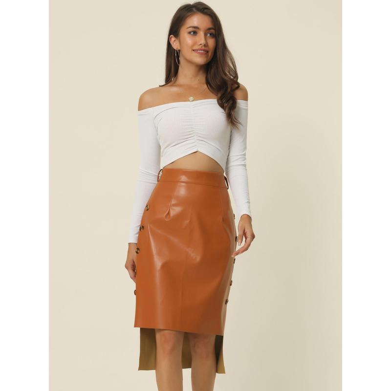 Seta T High Low Belted High Waist Side Button Decor Fall Winter Leather Skirt Caramel