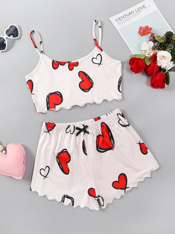 Two Four Pieces Women's Heart Print Scallop Crop Sleeveless Cami Top & Bow Decor Shorts Pj Co-ord Set for Home Wear, Pajama Sets Women, Cute Nightwear Homewear Pjs for Lady, Summer Wear, Pjs Homewear Birthday Wear Black Girl