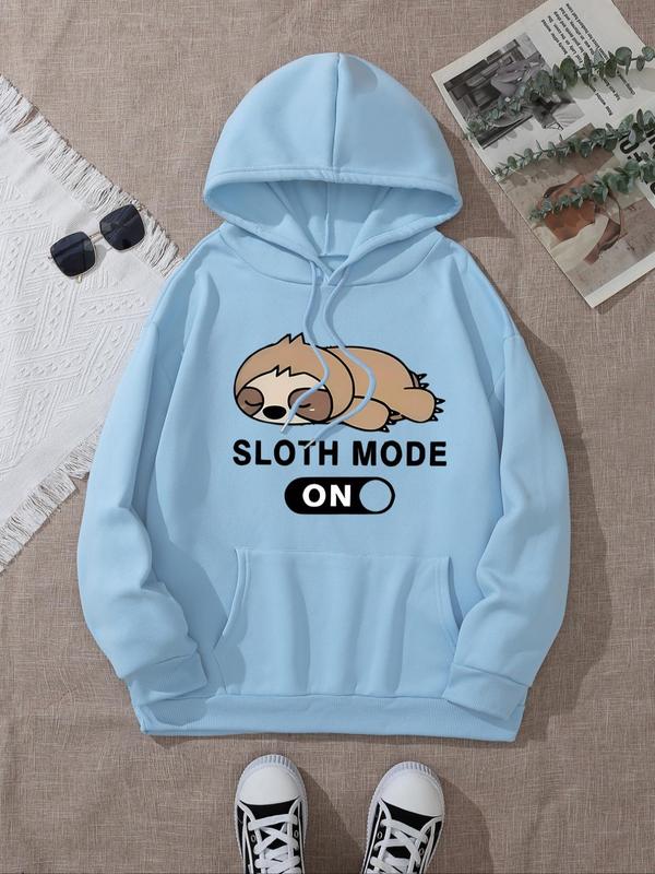 Women's Cartoon Sloth Graphic Print Drawstring Pocket Hoodie, Casual Drop Shoulder Long Sleeve Hooded Sweatshirt, Lady Fall & Winter Clothes for Daily Wear