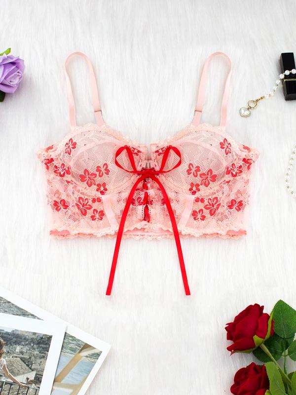 Women's Floral Print Sheer Sexy Lace Lingerie Set, Elegant Bow Decor Underwire Bra & Thong Set, Soft Comfy Breathable Lingerie Set for Women