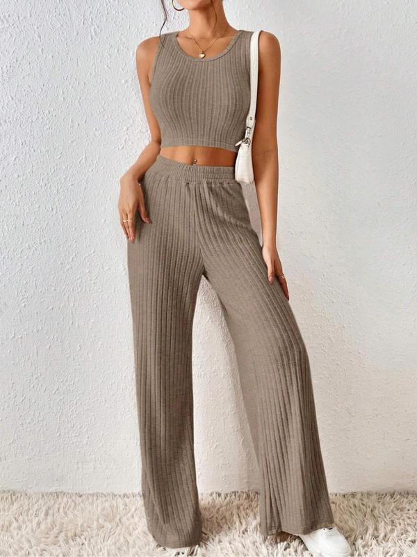 Women's Plain Ribbed Crop Tank Top & Wide Leg Pants Pyjama Set, Casual Comfy Sleeveless Round Neck Crop Top & Elastic Waist Trousers PJ Set, Comfy Loungewear Set for Women