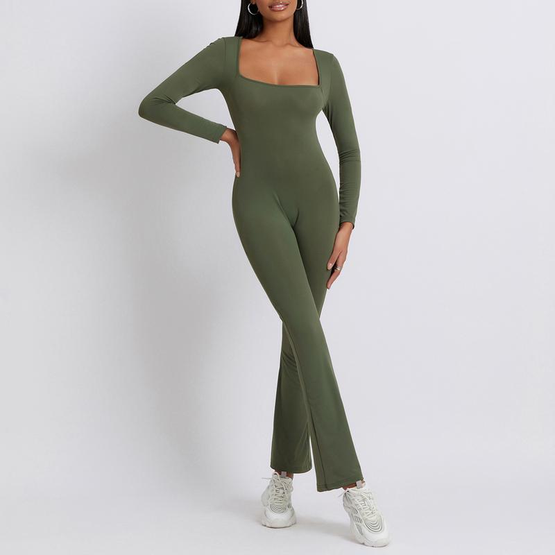 Women Jumpsuit, Long Sleeve Square Neck Solid Slim Fit Ladies Fall Romper Clubwear