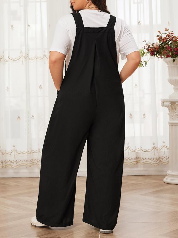 CURVZY Plus Size Solid Pocket Wide Leg Jumpsuit without Tee, Casual Knot Front Sleeveless Overall Jumpsuit for Summer & Fall, Women's Plus Clothing for Daily Wear