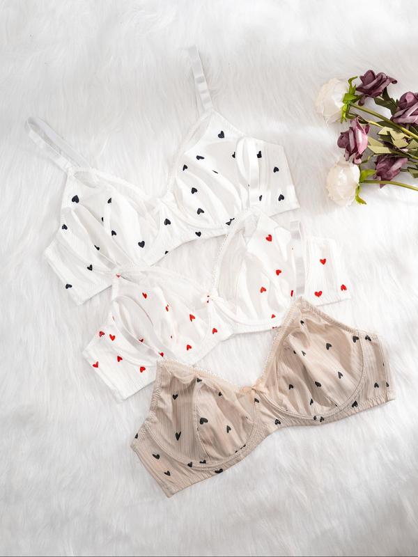 Plus Size Heart Print Contrast Mesh Spaghetti Strap Bra, Lady Cute Comfort Bow Decor Sheer Lingerie Top, Soft Comfy Breathable Underwire Bra for Daily Wear, Womenswear Underwear