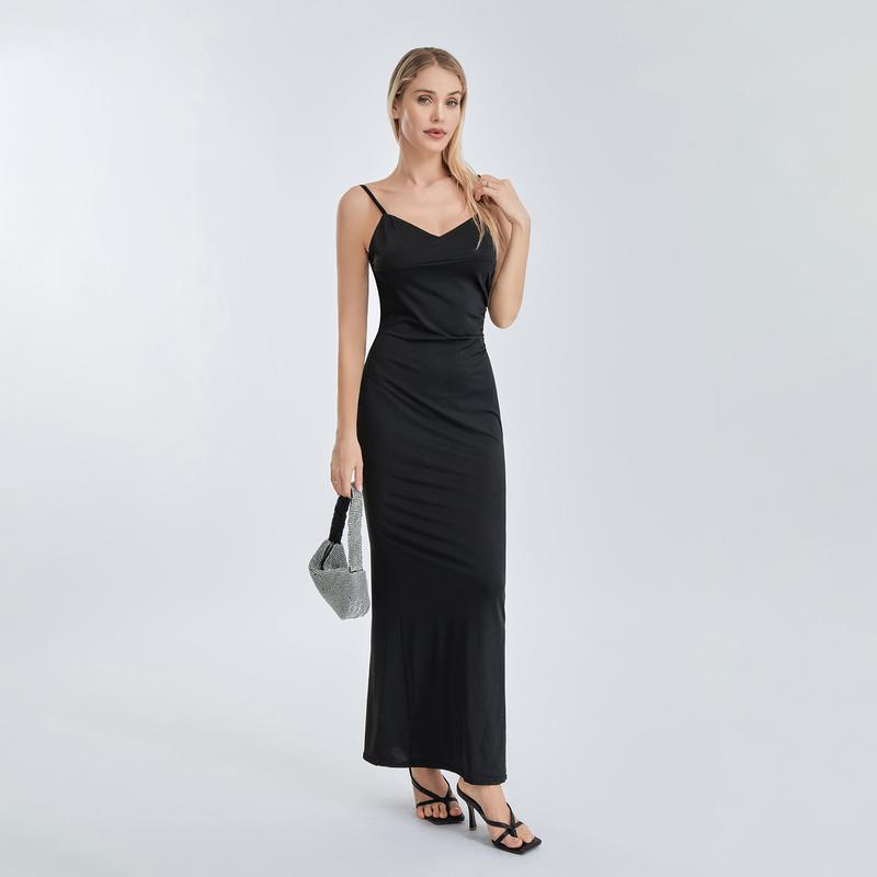 Women Spaghetti Strap Maxi Dress Elegant Backless Bodycon Cami Dress Y2K Evening Party Long Dress