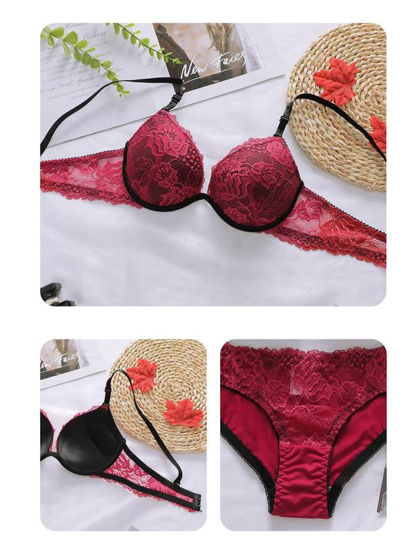 Two-Piece Set Women's Contrast Lace Push Up Bra & Panty Set, Breathable Adjustable Lace Lingerie Set, Two-Piece Lingerie Set for Women Daily Wear