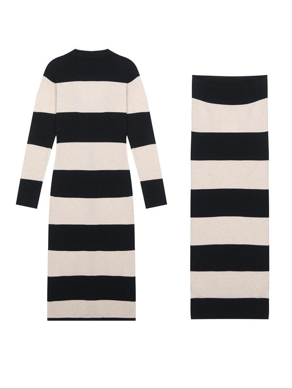 Women's Striped Print Button Front Longline Cardigan & Tube Dress Two-piece Set, Casual Long Sleeve Outerwear & Strapless Long Dress for Daily Wear, Ladies Two-piece Outfits for All Seasons, Two Piece Set, Cardigans for Women