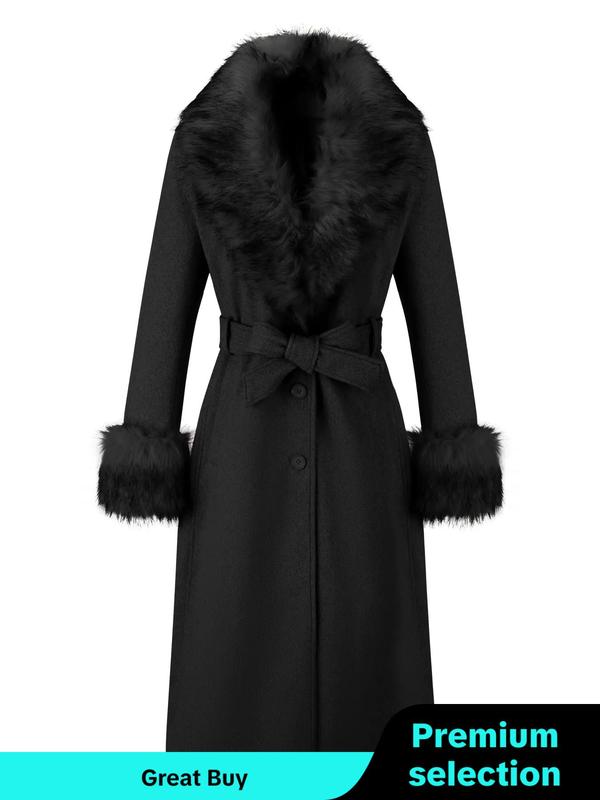 Women's Solid Button Front Belted Faux Fur Trim Wool & Pea Coat, Casual Long Sleeve Pocket Outerwear with Fur Collar, Winter Clothes Women 2024, Women's Clothing for Fall & Winter