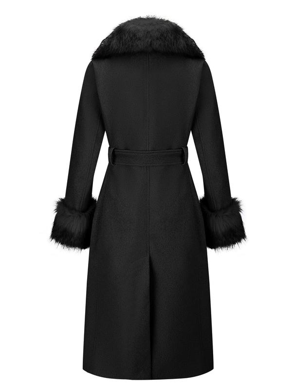 Women's Solid Button Front Belted Faux Fur Trim Wool & Pea Coat, Casual Long Sleeve Pocket Outerwear with Fur Collar, Winter Clothes Women 2024, Women's Clothing for Fall & Winter