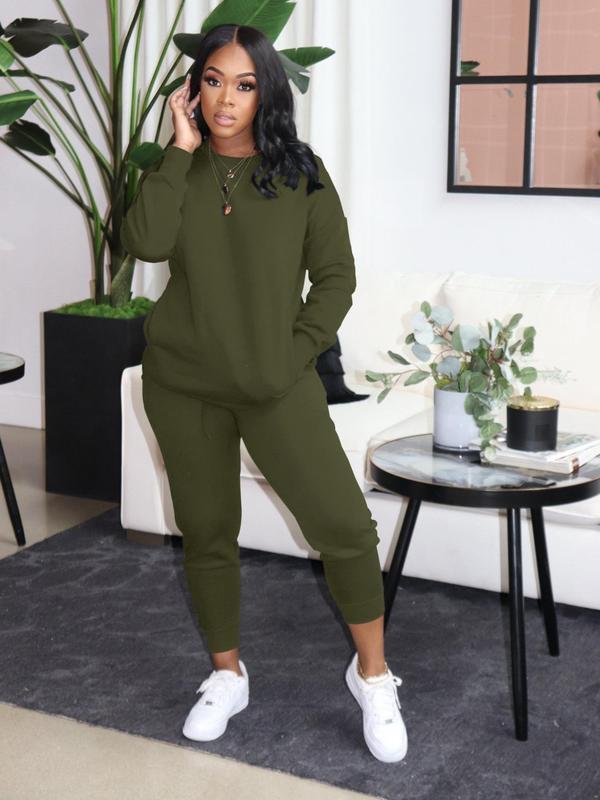 Women's Drop Shoulder Pocket Pullover & Jogger Pants Set, 2 Piece Set Casual Crew Neck Sweatshirt Top & Sweatpants, Ladies Fall Co-ord Sets, Women's Two Piece Sets