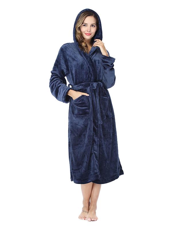 Women's Solid Drop Shoulder Belted Hooded Flannel Robe, Casual Long Sleeve Pocket Design Bathrobe, Ladies Fall & Winter Sleepwear, Fall Wear, Fallfreshness