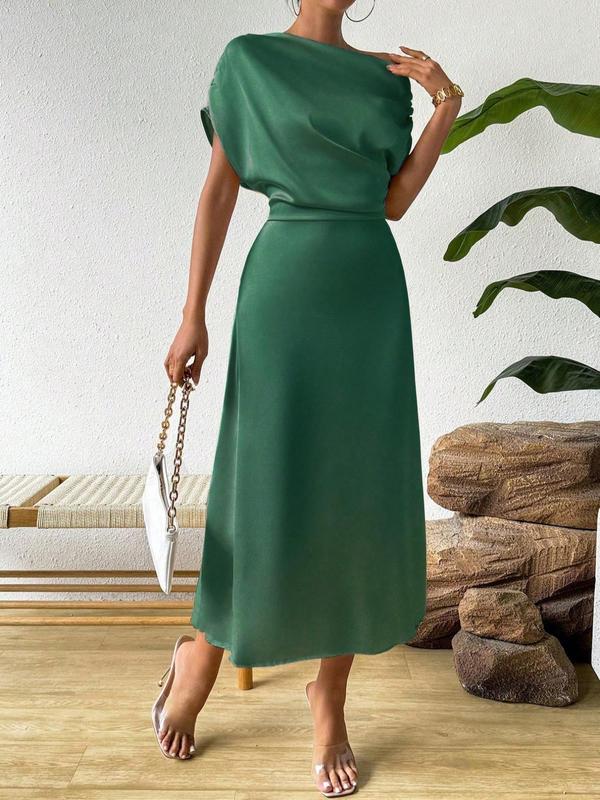 Women's Plain Ruched Asymmetrical Neck Batwing Sleeve Dress, Elegant Short Sleeve A Line Dress for Party Holiday Wedding Guest, Ladies Summer Clothes