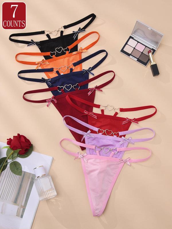 Women's Bow Decor Heart Ring Linked Thong, Soft Comfy Breathable Thong for Daily Wear, Women's Underwear for All Seasons