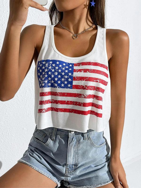 Women's Star & Striped Print Scoop Neck 4th of July Tank Top, Casual Streetwear Sleeveless Cropped Top for Summer, Ladies Teen Girls Clothes for Daily Wear