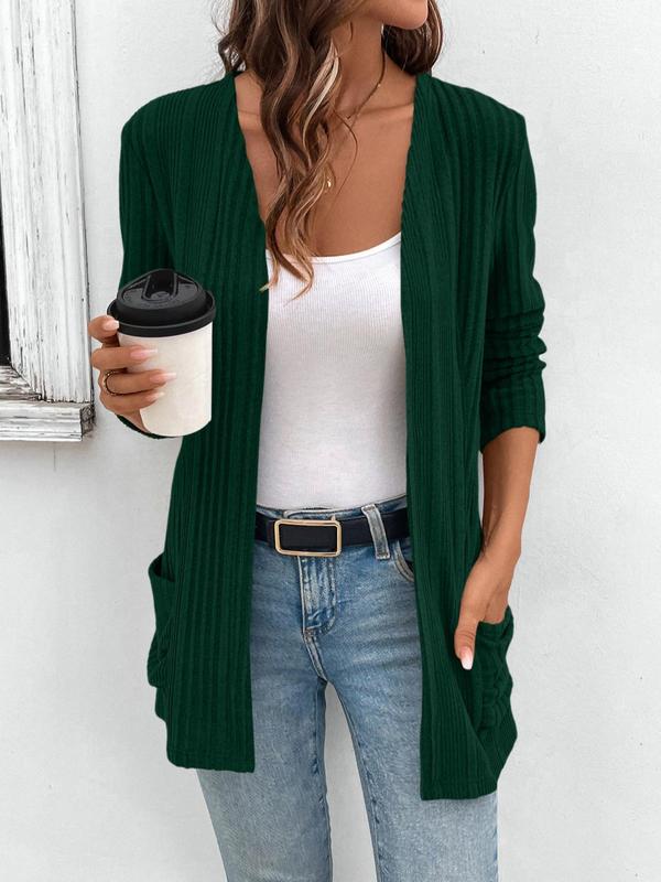 Women's Solid Pocket Ribbed Cardigan, Elegant Long Sleeve Open Front Knitwear for Fall & Winter,  Cardigan for Women, Fashion Women's Knit Clothing for Daily Wear