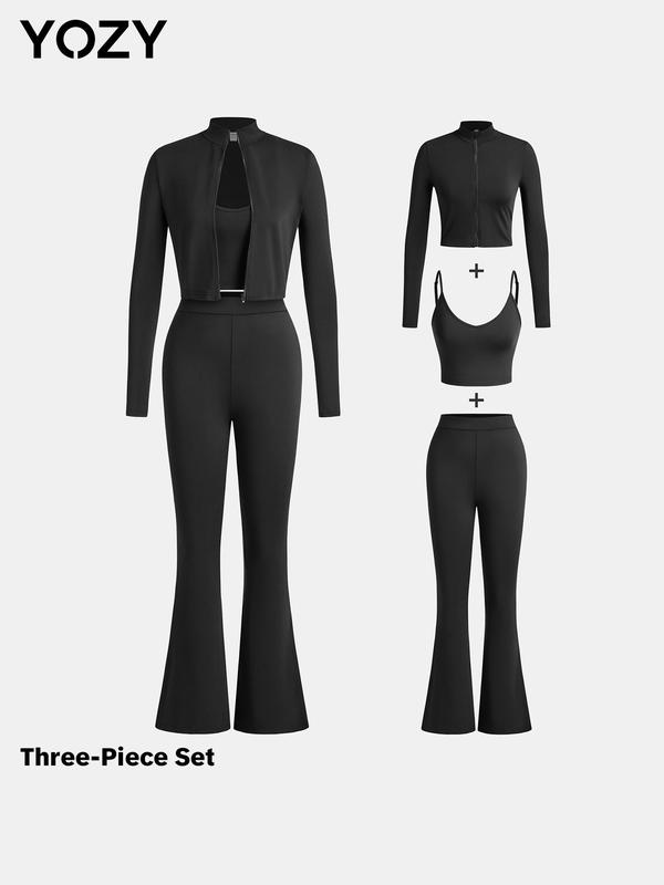 YOZY Three-piece Set Women's Solid Backless Crop Cami Top & Crop Zipper Jacket & Flare Leg Pants, Casual Fashion Adjustable Strap Camisole & Mock Neck Outwear & High Waist Trousers for Daily Outdoor Wear, Ladies Clothes for All Seasons