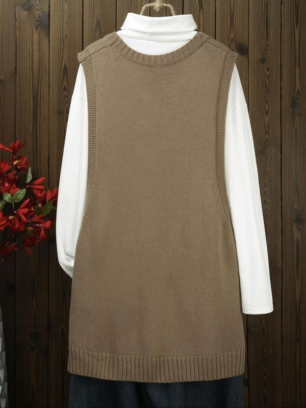  Solid Button High Low Hem Sweater Vest, Casual Sleeveless Round Neck Knitwear for Fall & Winter, Women's Plus Clothing for Daily Wear