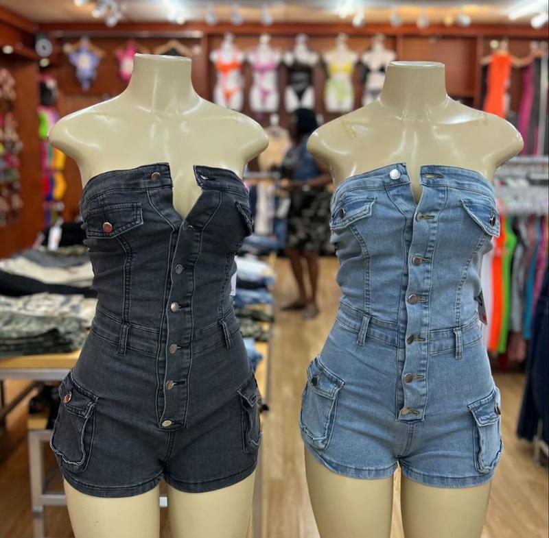 Women's Summer Denim Jumpsuit Sexy Sleeveless Jean Short Rompers with Pockets Womenswear Overalls Basic Casual Fashion Casual Fashion Comfort Fit