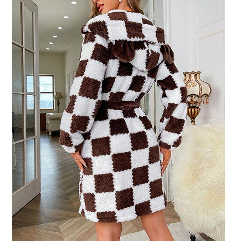 Women's Fleece Hooded Robe Plaid Long Sleeve Tie-Up Waist Plush Nightwear with Pockets for Winter Fall, Ladies Clothes for Indoor Outdoor Wear, Ladies Clothes for Daily Wear