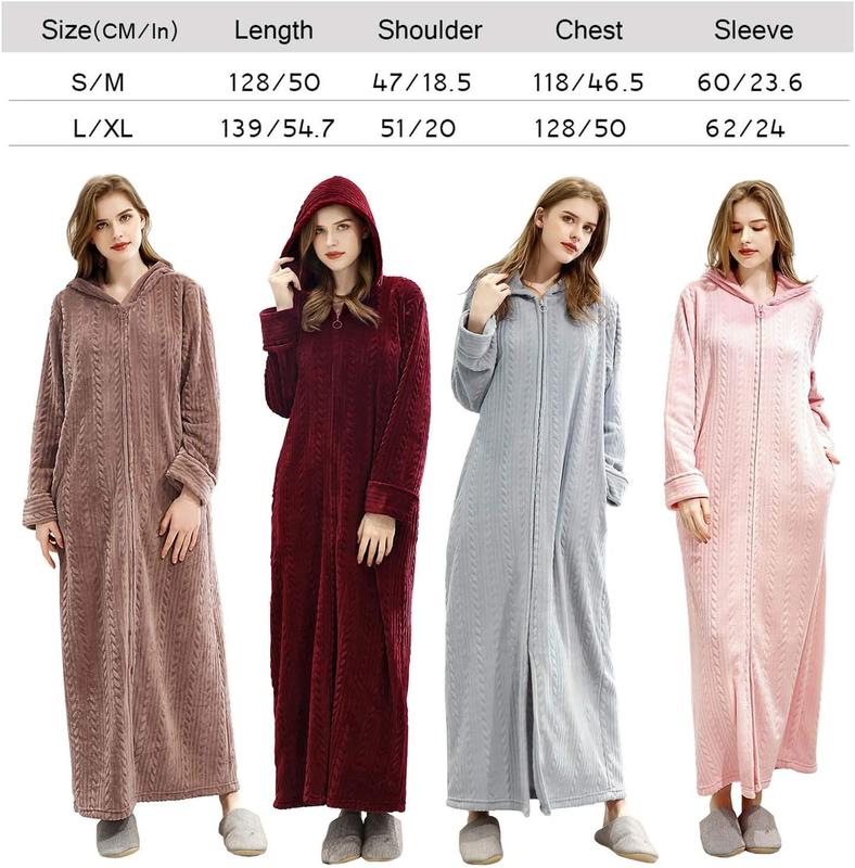 Long Hooded Zipper Bathrobe for Womens Flannel Fleece Robes Winter Warm Housecoat Nightgown Sleepwear Pajamas