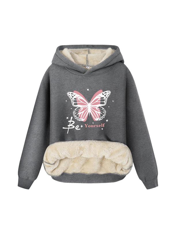 Women's Butterfly & Letter Print Thermal Lined Plush Hoodie, Casual Long Sleeve Hooded Sweatshirt for Fall & Winter, Women Clothes for Daily Wear Downtown Girl Clothes