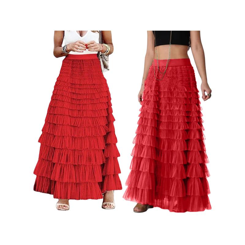 Women's Long Skirt Multilayer Mesh Pleated High Waist High Stretch Elegant Solid Color Cake Skirt Fashion Light